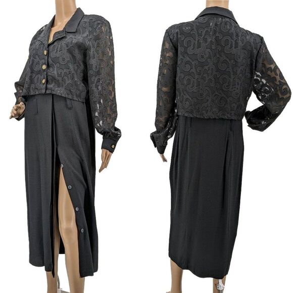 Vintage 90s Ultra Cocktail Dress Midi Sheer Lace Black Gold Whimsigoth Size 10 - Picture 1 of 12